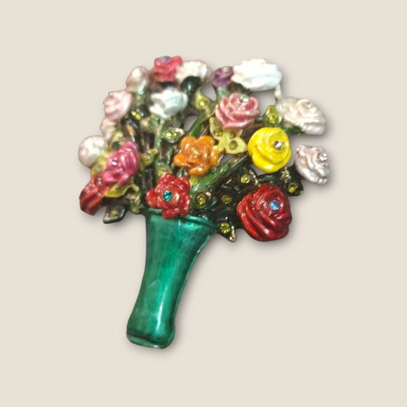 Vase of Roses Enameled Brooch - Picture 4 of 6